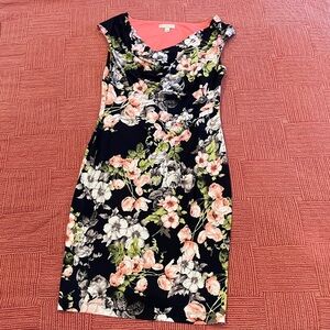 Women’s size 12 floral Midi Dress in Black and coral
